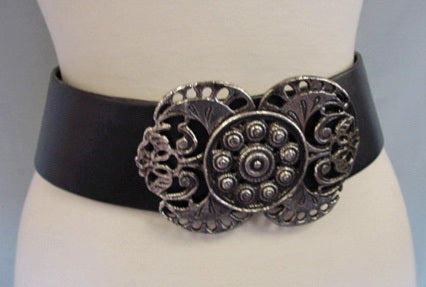 1980s Black Leather Belt with Silver Buckle