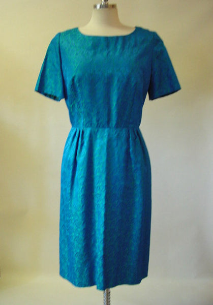 1960s Aqua Blue Leaf Brocade Dress