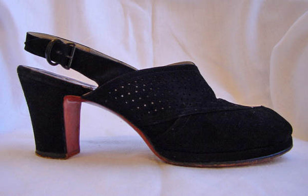 1940s Black Perforated Peeptoe Shoes