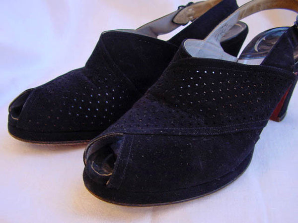 1940s Black Perforated Peeptoe Shoes