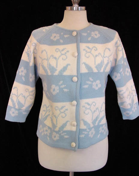 1960s Blue Floral Cardigan Sweater