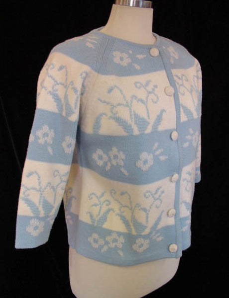 1960s Blue Floral Cardigan Sweater