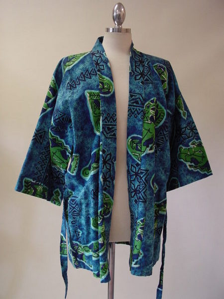 1950s Blue Barkcloth Tiki Pool Robe